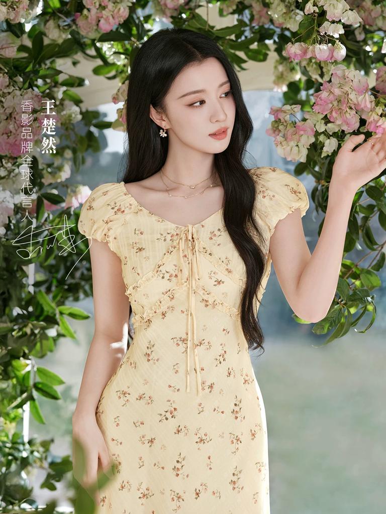 Fragrant Shadow Floral Dress Women's Summer New Plant Print Yellow V-Neck Skirt
