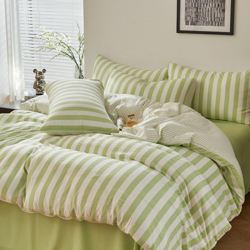 4Pcs Washed Microfiber Vertical striped colorful Bedding Set, Sweet Style Soft Duvet Cover with Zipper Flat Sheet Pillowcases