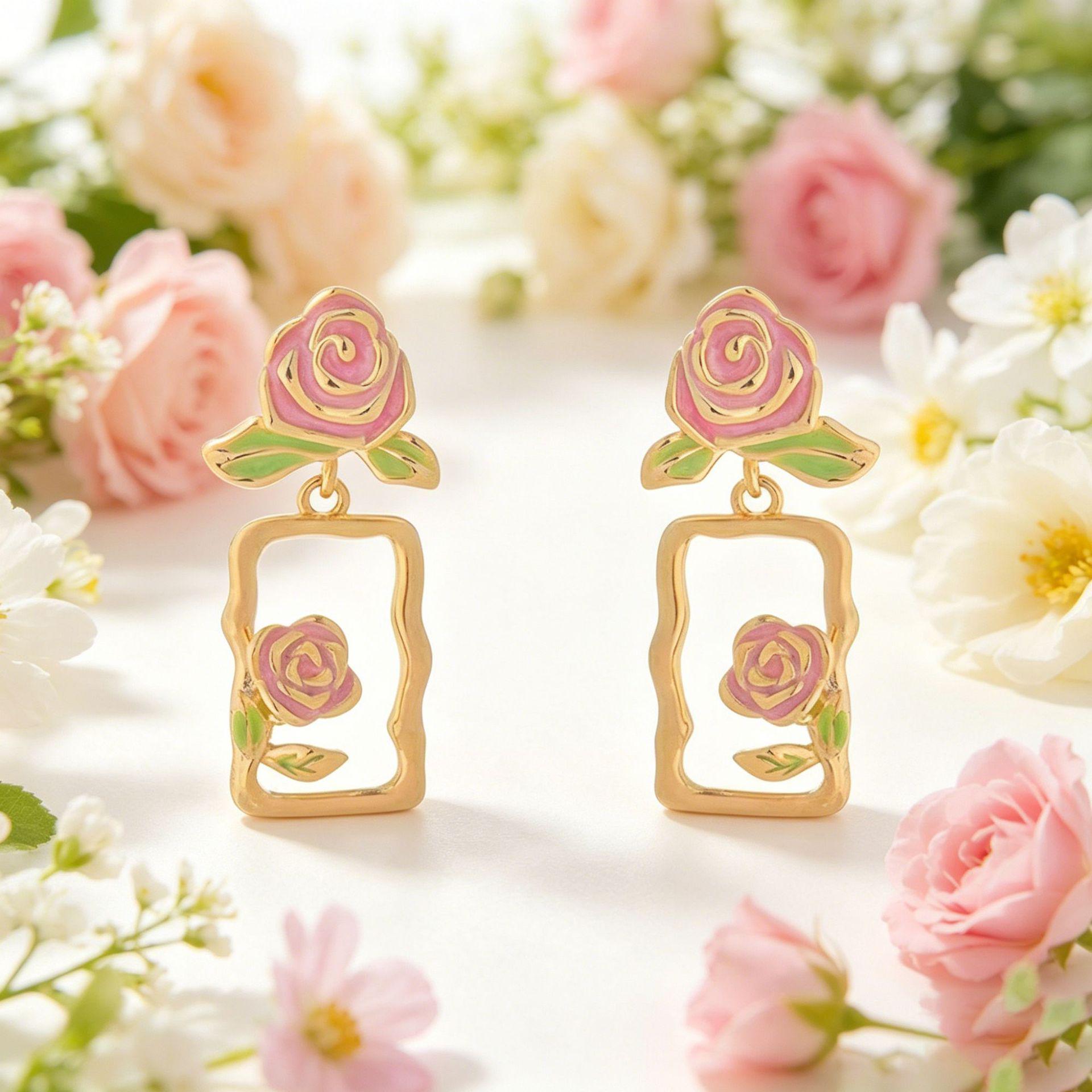 Yanbai Green Rose Drip Oil Earrings - Elegant French-Inspired Ear Studs