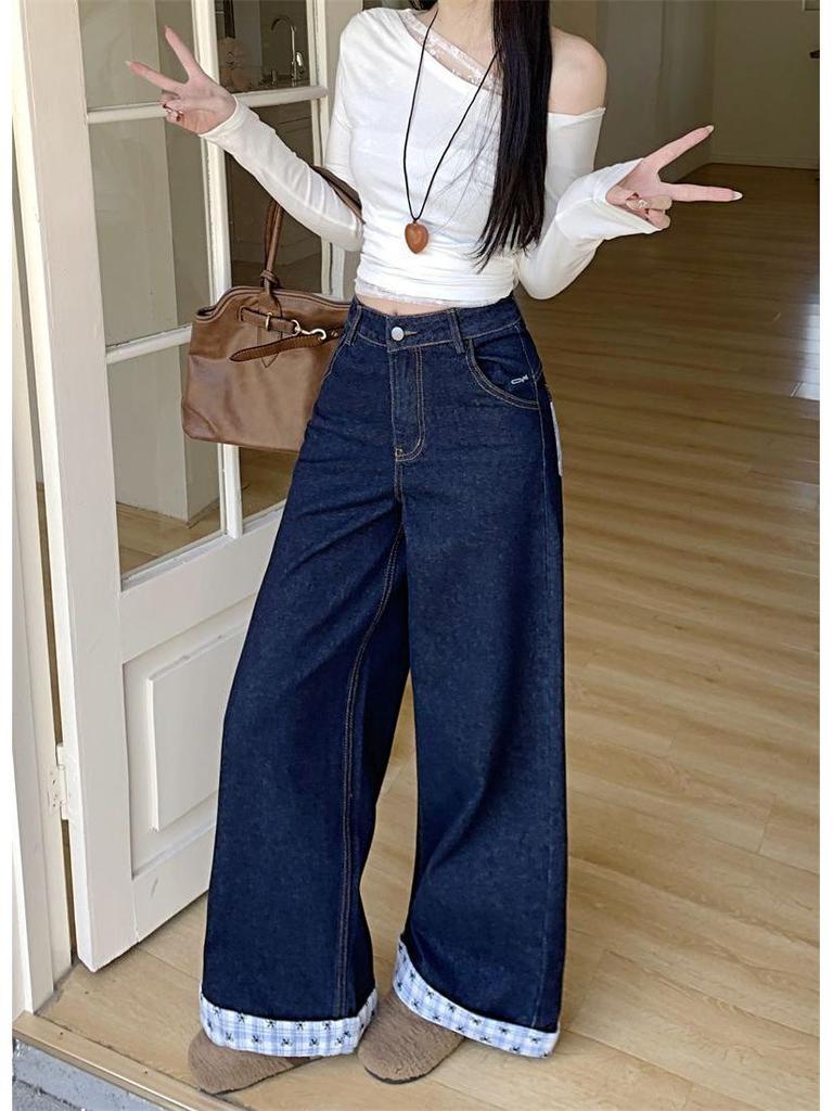 Damen Übergröße Hohe Taille Patchwork Schmetterling Bestickt Weites Bein Jeans