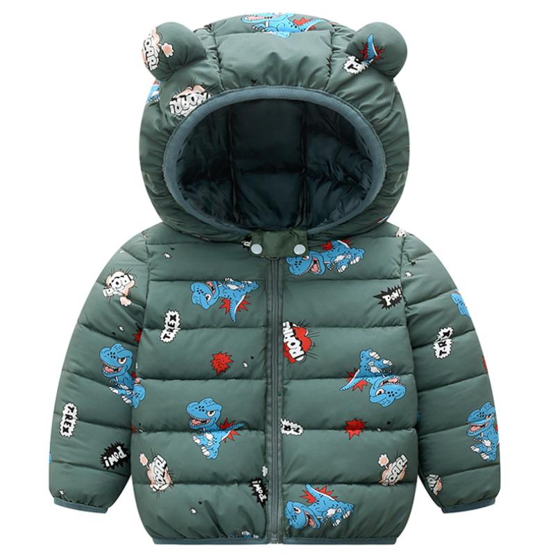 Children's Outerwear Autumn Winter 1-5 Years Baby Boy and Girl Hooded Lightweight Down Warm Jacket   Cartoon Dinosaur Zipper Coats Christmas