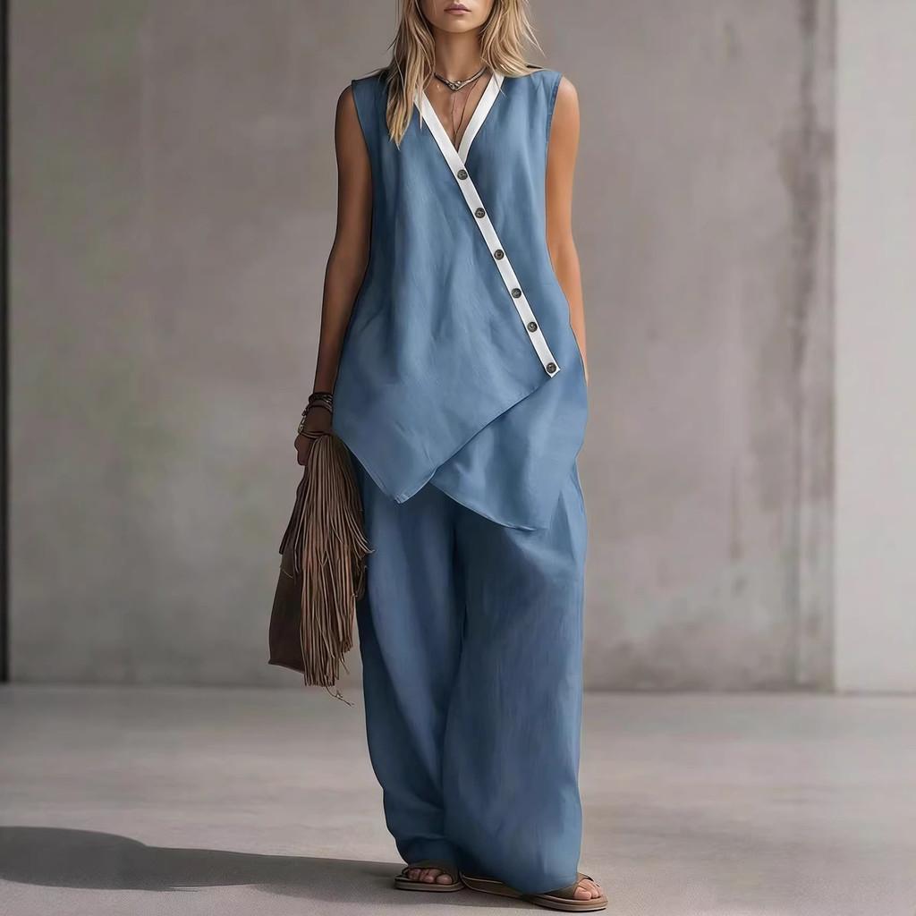 Bohemian Style Sleeveless Cotton Vest And Wideleg Pants Casual Set For Women Spring Summer