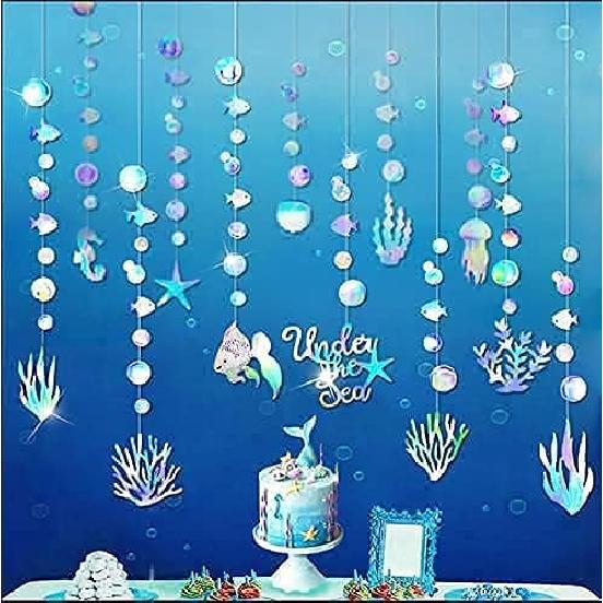 Cheerland Iridescent Under The Sea Party Decorations Holographic Bubble Garlands Mermaid Birthday Decorations Ocean Theme Decor Beach Pool Moana