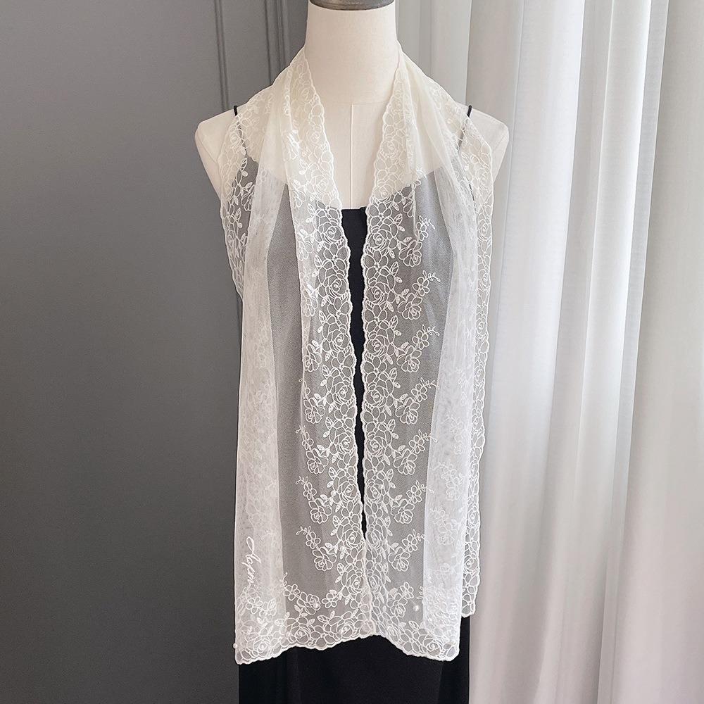 Spring Summer Thin Silk Scarf Soft Pearl Decorative Small Long Scarf 153x30cm Embroidered Flower Women Lace Shawl