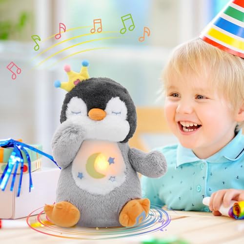 MIAODAM Sleeping Plush Toy, Penguin, Gray, with Music & Night Light, Baby Toy, Baby Shower Gift, Birthday Gift, Christmas Gift, Children's Day Gift, G