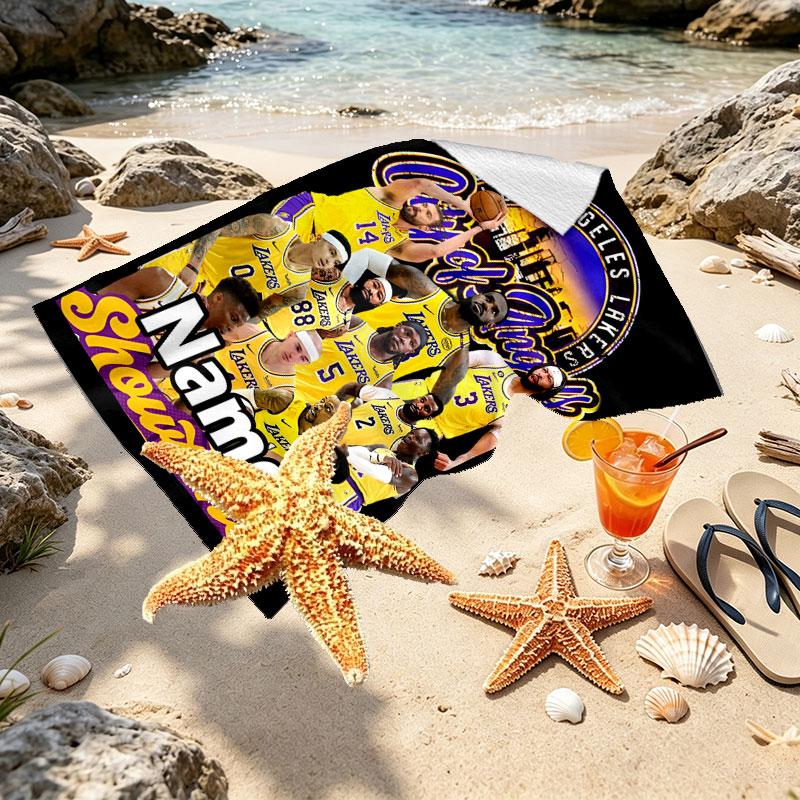 Custom Name Personalized Los Angeles Lakers basketball Print Beach Towel, for Trip Camping Beach Party Home Decor, Birthday Gift for Family & Friends