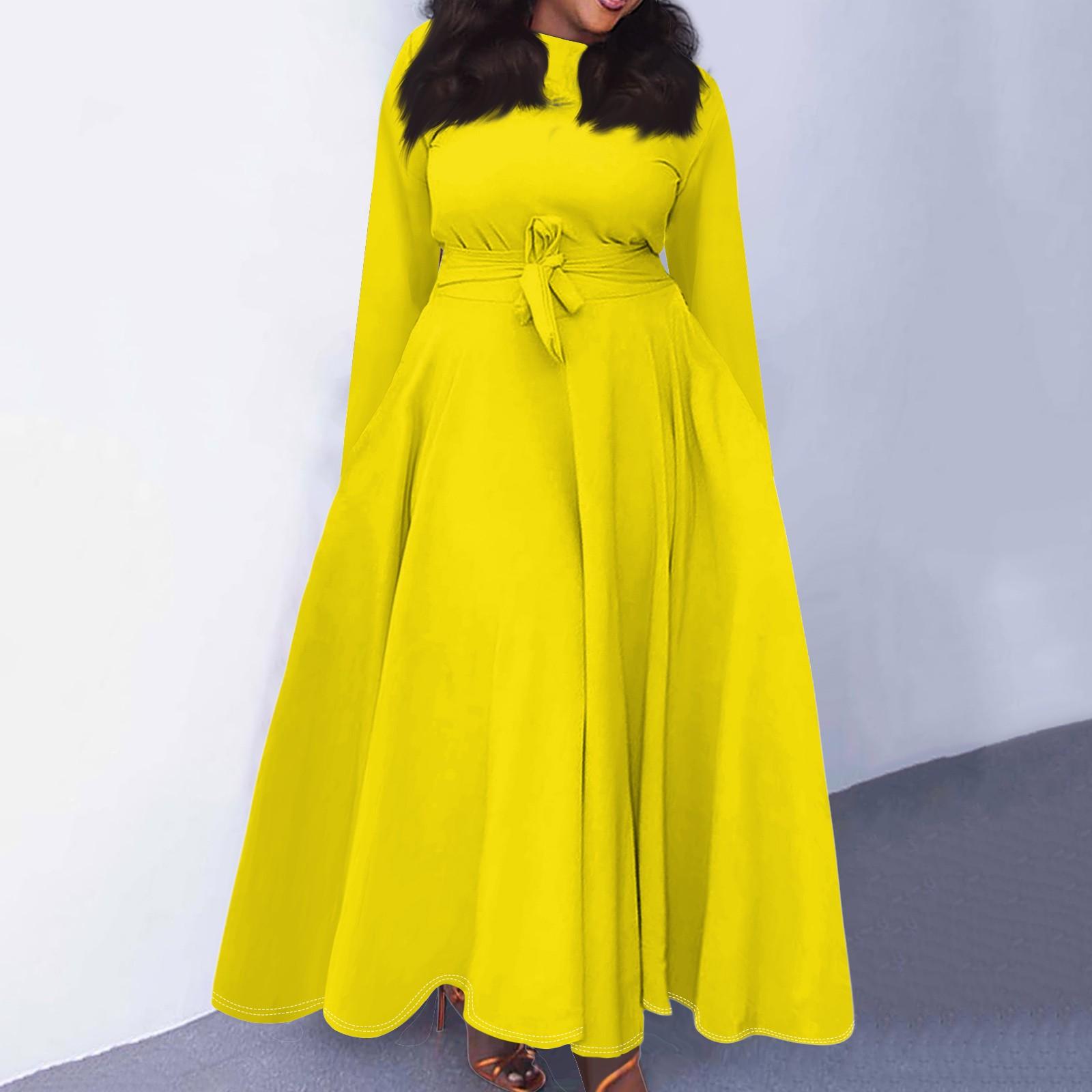 

Женское повседневное модное платье большого размера с круглым вырезом и длинным рукавом с карманами на бретелях XL жёлтый