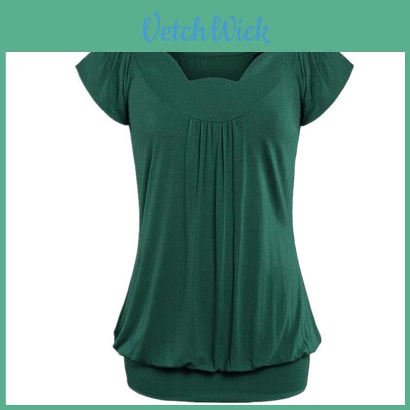 Elegant Women's Fashion Summer V-neck Short Sleeve Pleated Loose Blouse Plus Size