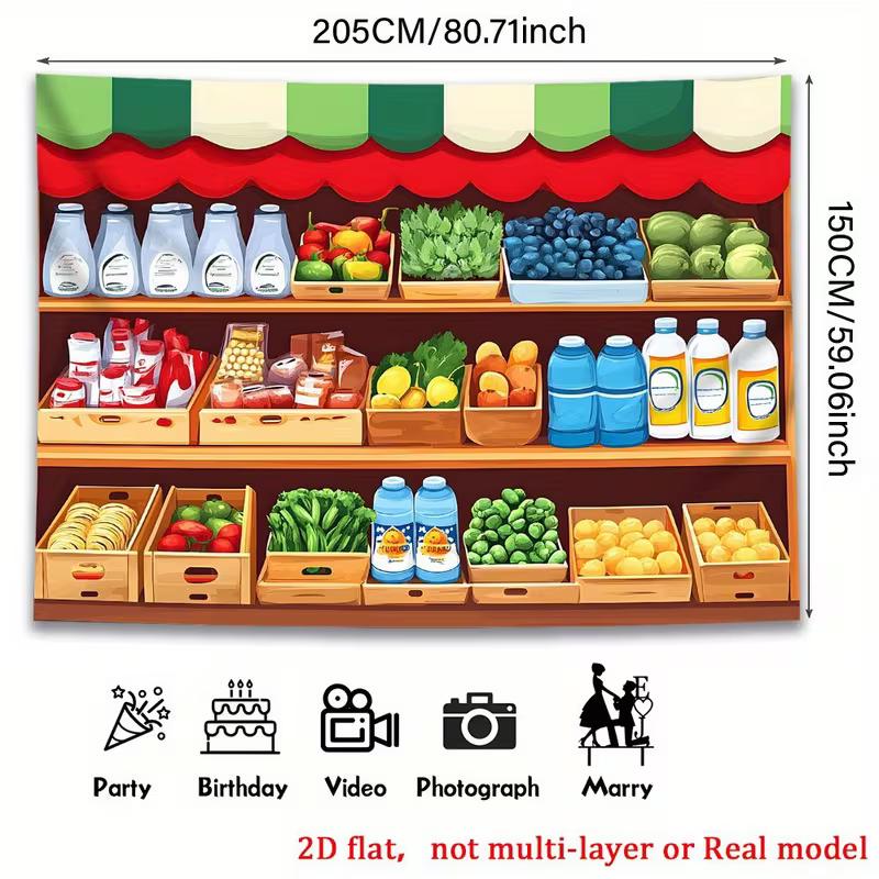 2D Kids Room Tapestry, Grocery Store Shelves with Vegetables & Drinks Decor