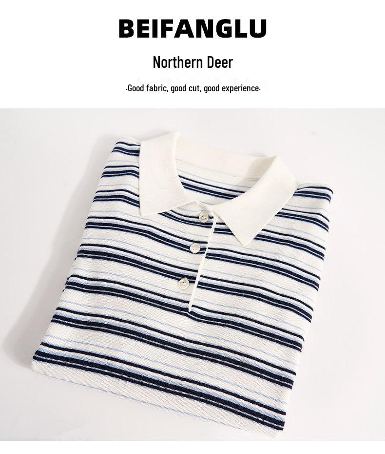 Northern Deer Women's Summer Polo Neck Striped Knit T-Shirt - 68.6% Lyocell, 25.4% Cotton, 6% Silk