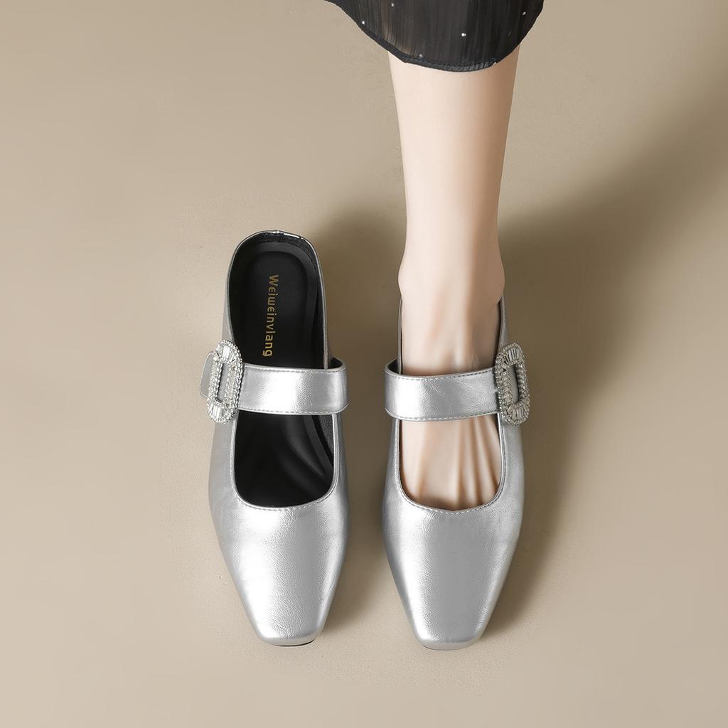 In the Summer of 2025, the New French High-end Rhinestone Square-head Mary Jane Shoes with Skirt Inner Height Increase and Half-drag Single Shoes