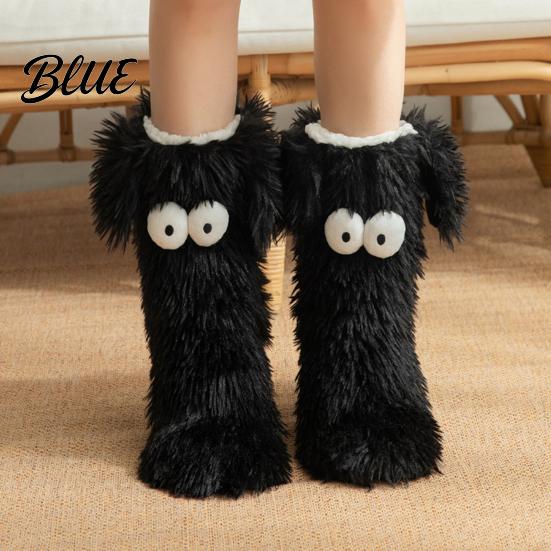 Soft Fuzzy Socks for Sleeping 2 Pairs Cute Big Eye Monster Plush Floor Socks Non-Slip Cozy Thermal House Indoor Slipper Women Warm Winter