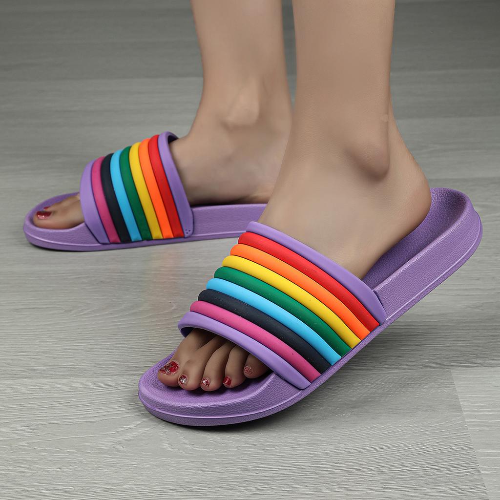Women Rainbow Thick Sole Summer Beach Slides Bathroom Anti-Slip Slipper Soft Sandals Fashion Flip-Flops Ultra-Light Letter Shoe