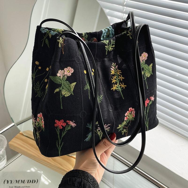 Floral Embroidery Shoulder Bag Vintage Daily Bucket Bag Fashion Handbags For Women