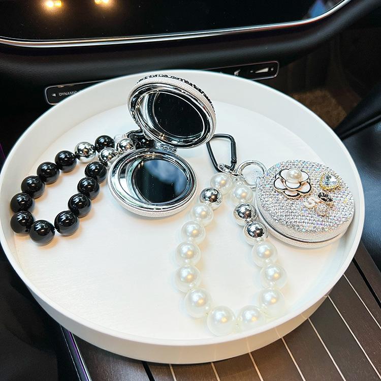 Diamond-encrusted Xiaoxiangfeng folding mirror keychain creative bead string portable car key chain makeup mirror bag pendant