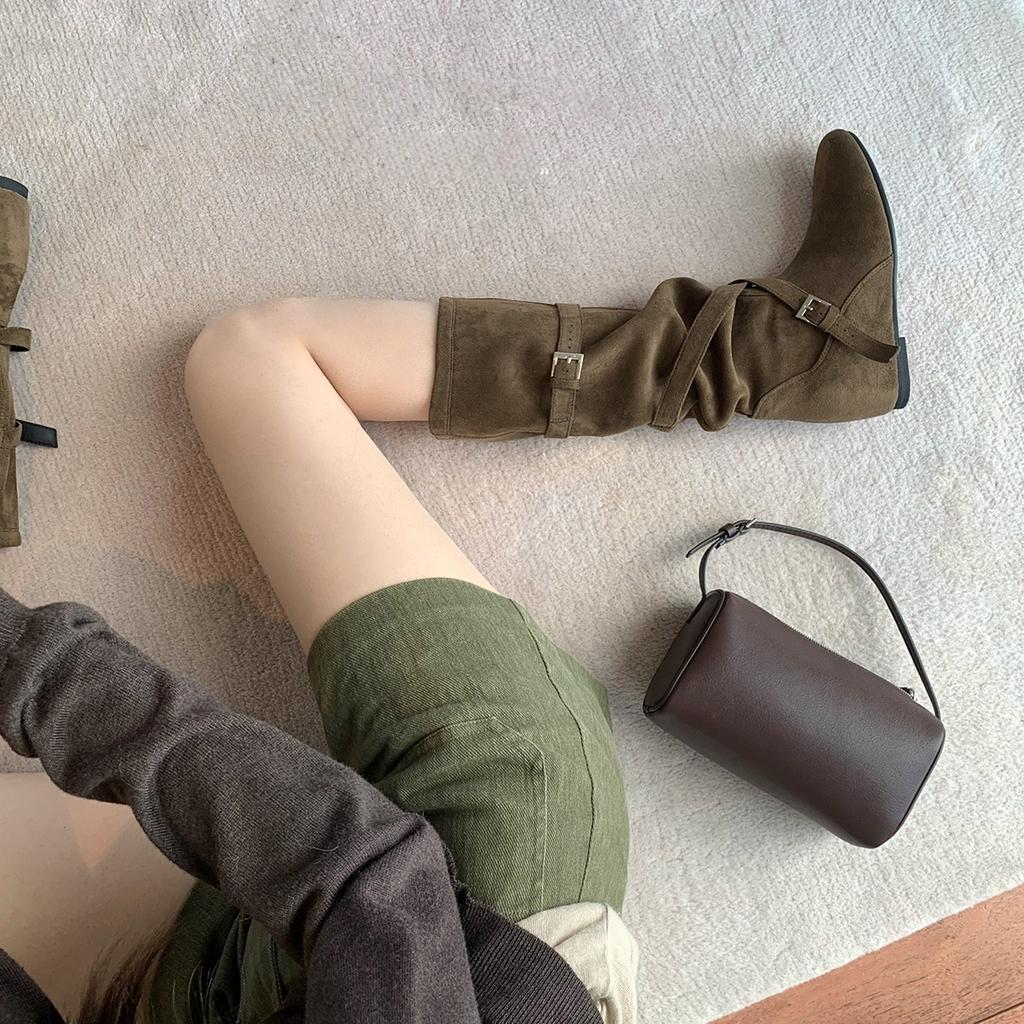 Height increase~ Double tube circumference small western boots round head suede piling boots medium long boots women's autumn and winter
