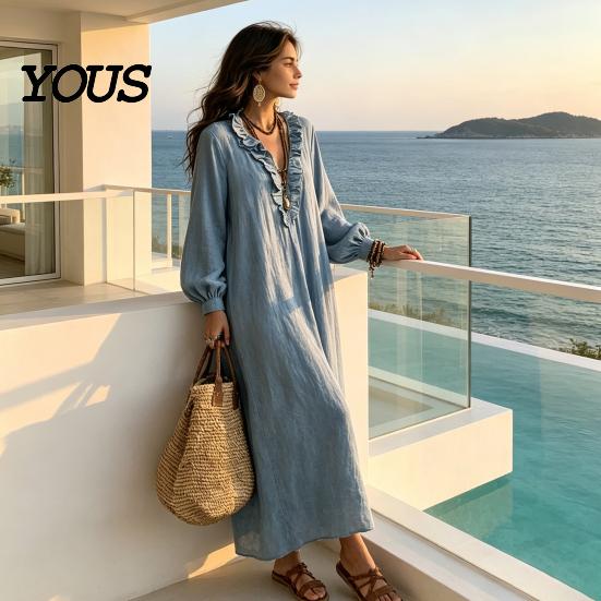 Daily Wear Dresses Women Ruffle V Neck Long Dress, Loose Fit Casual Midi Solid Color Sleeves Dress for Spring Autumn Neckline