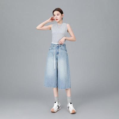 Capri cool americani high-end din denim cu picior larg și talie dantelată albastru deschis pentru femei