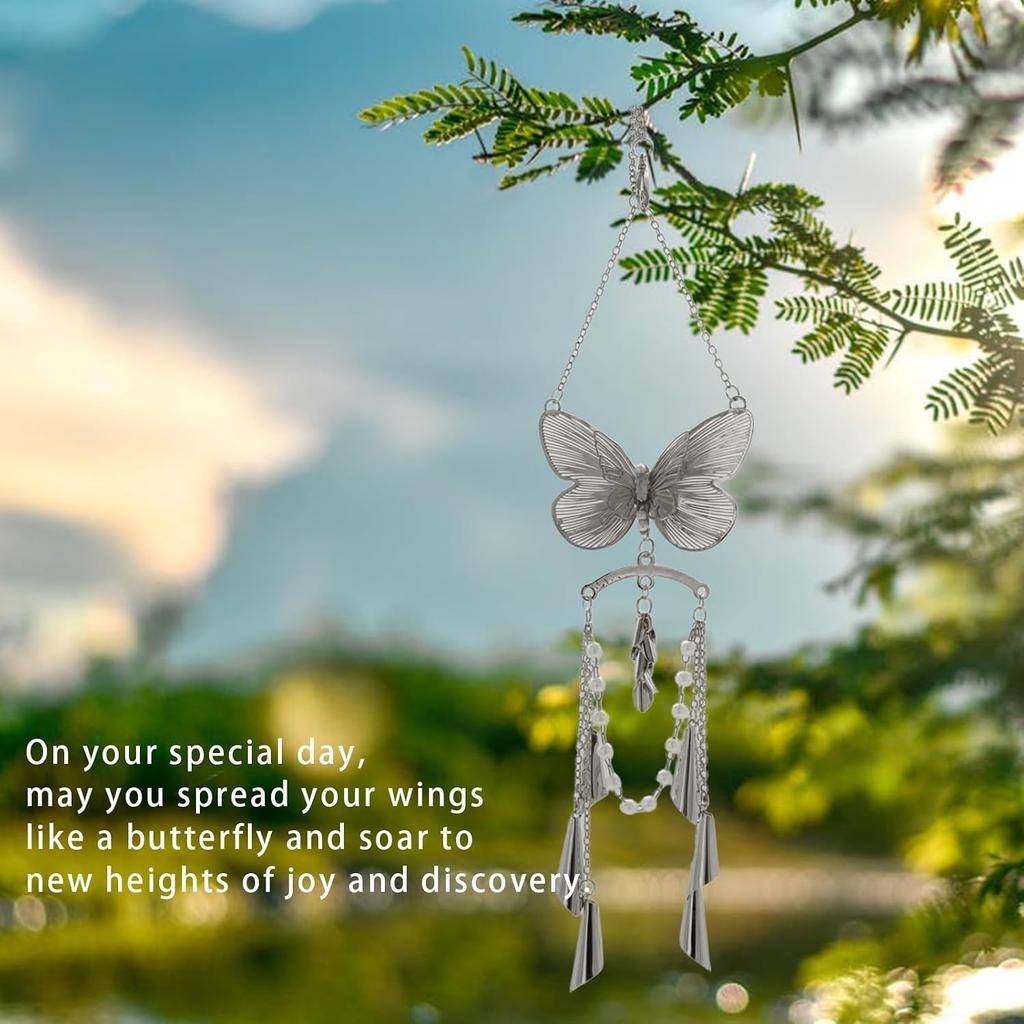 ORIESSE Butterfly Car Decor,Cute Hanging Car Charms for Rear View Mirror | Silver Butterfly Wind Chime Dangling Aesthetic Ornament Pendant for