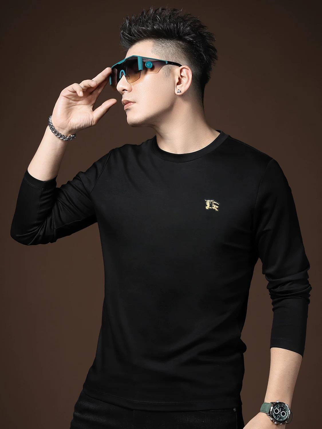 

European Trendy Brand Long-Sleeve T-Shirt for Men, Autumn 2025 New Style, Round Neck Slim Fit Base Shirt, Men s Trendy Badge Top XL чёрный