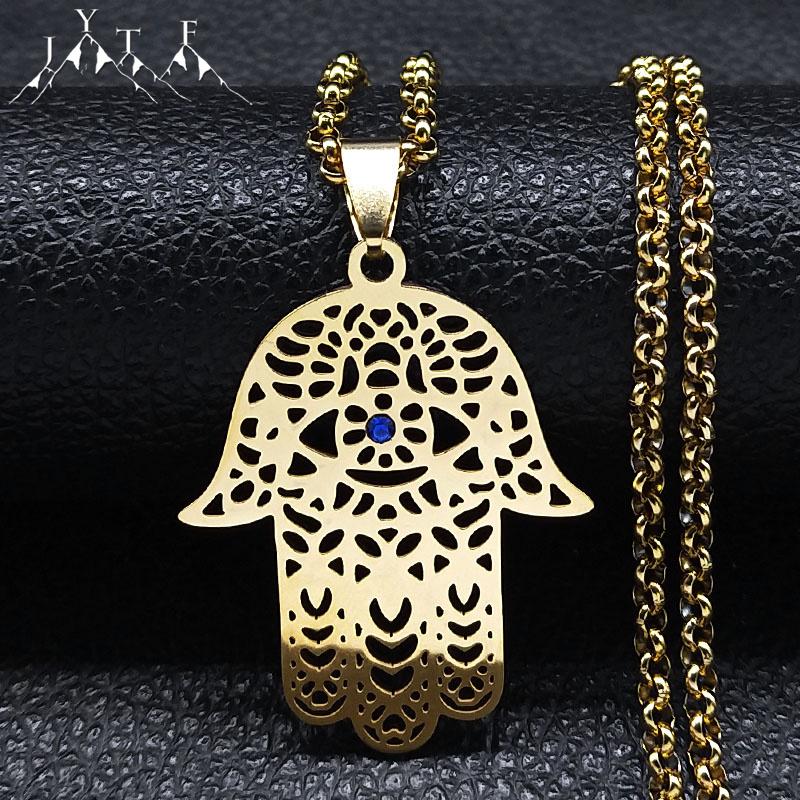 Islamic Hand of Fatima and Evil Eye Pendant Necklace Stainless Steel Blue Crystal Hamsa Hand Necklaces Islam Woman Jewelry Gifts