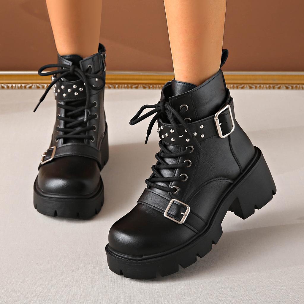 Fashion Punk Metal Belt Buckle Thick Bottom Black Ankle Boots Women 2025 Winter Gothic Chunky Platform High Heel Boots Sexy Y2K Shoes