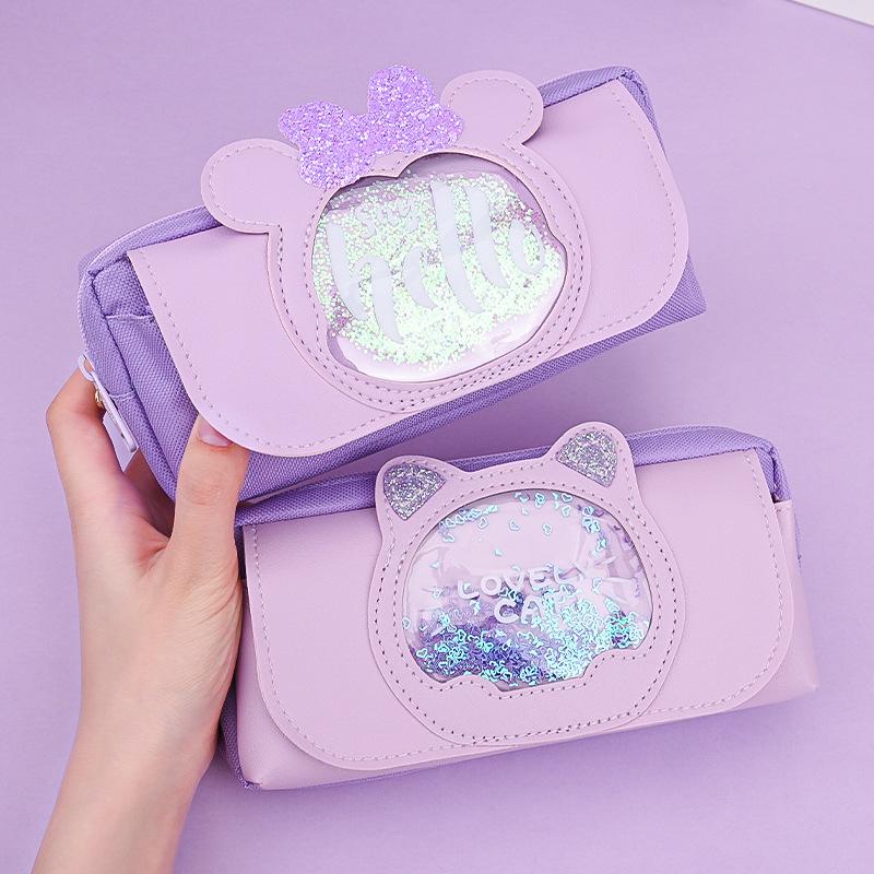 Quicksand Cat Pencil Case Cute Pencil Bag Three Layers Big Pen Case Girls Kawaii Stationery Bag Cartoon Animals Pen Box Student