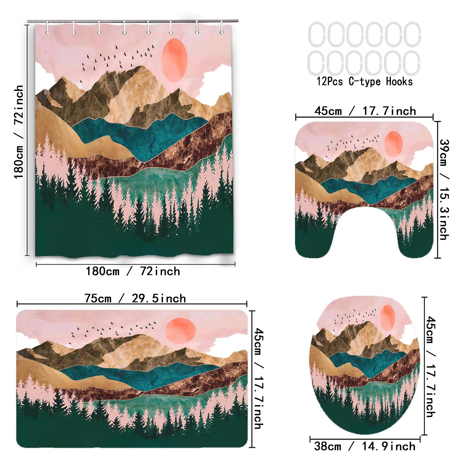 

4 шт., роскошные наборы занавесок для душа Sun Mountain Forest, водонепроницаемые для ванной комнаты, нескользящие коврики для ванной комнаты, крышка для унитаза, коврик для ванной 4Pcs