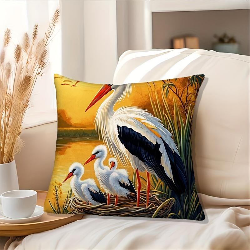 Stork Family Wildlife Print Throw Pillow Cover, Sunset Wetland Bird Art Decorative Cushion For Living Room Bedroom Sofa Couch