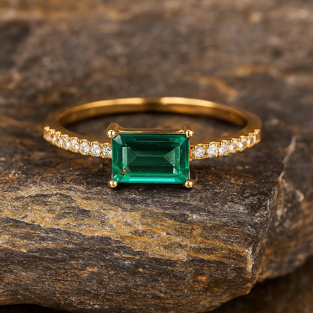 Emerald Baguette Stacking Ring – Dainty Gold Plated Minimalist Ring, Simple Emerald Ring, Stackable Personalized Jewellery