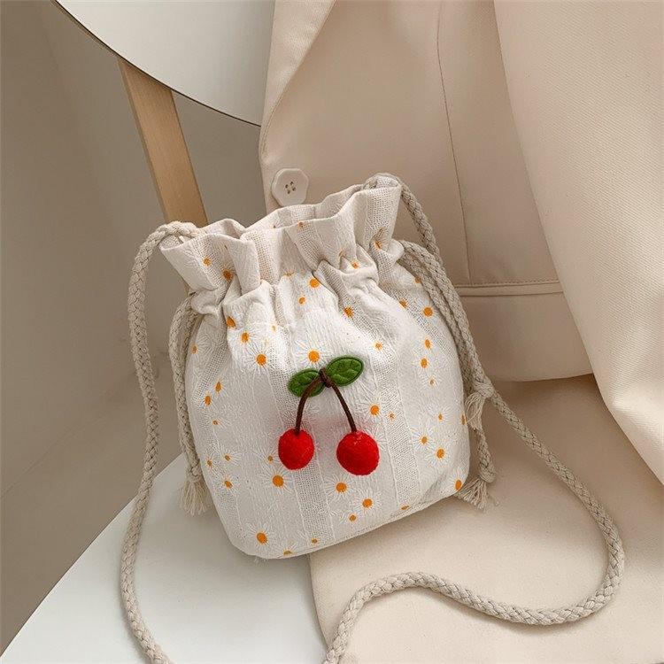 Versatile White Canvas Bucket Style Shoulder Bag Elegant Ins Aesthetic Design For Young Women And Students