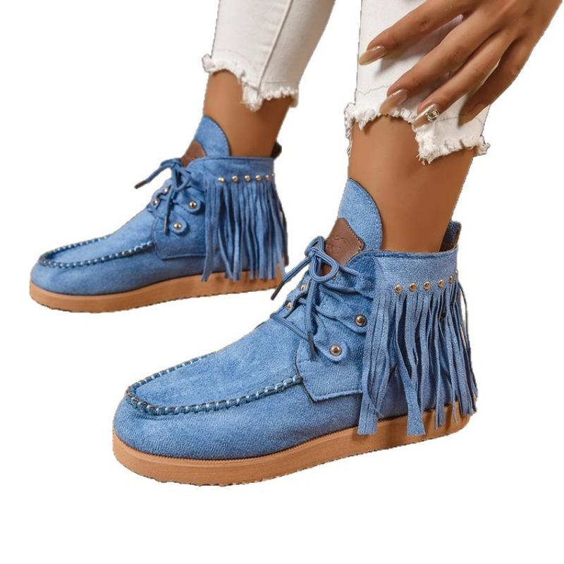 Women's Plus Size Lace-Up Ankle Tassel Boots New Autumn/Winter Style Roman-Inspired Versatile Flat Ankle Boots