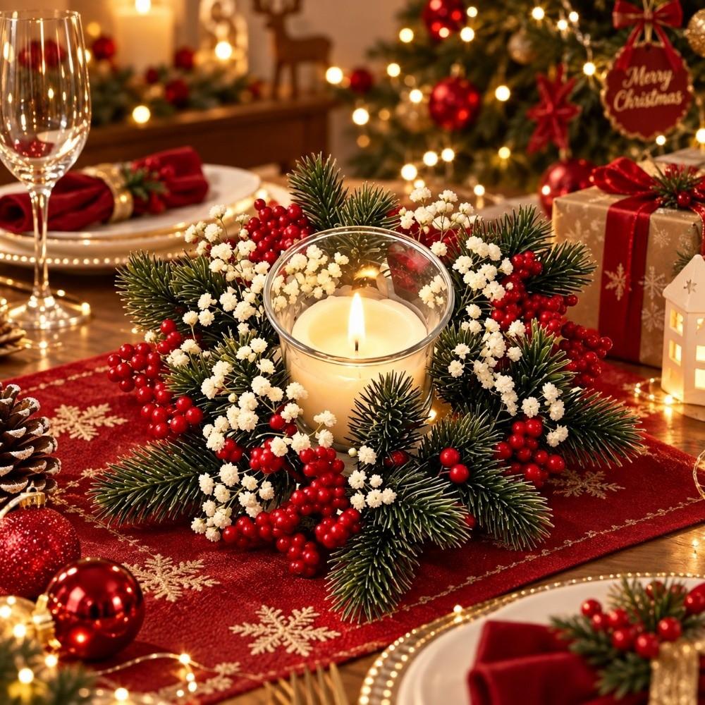 Flower Artificial Wreath Candle Rings Red Berry Pillar Candlestick Wreath Candle Holder Party