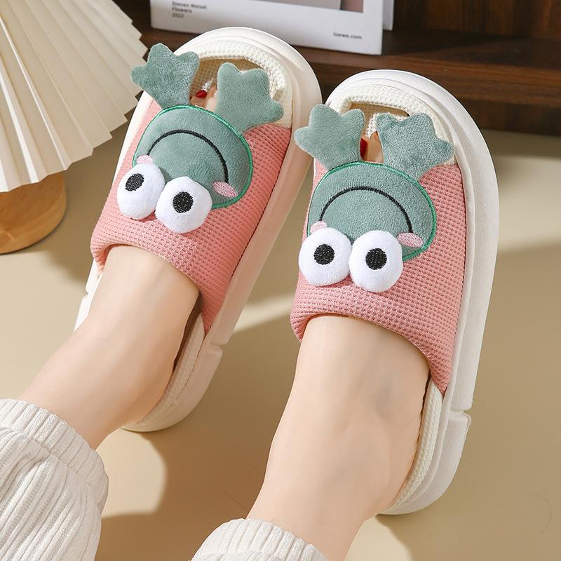 Women Cartoon Cute Frog Linen Slippers 2024 Summer New Thicken Bottom Home Shoes Cotton Couple Indoor Outdoor Casual Sandals