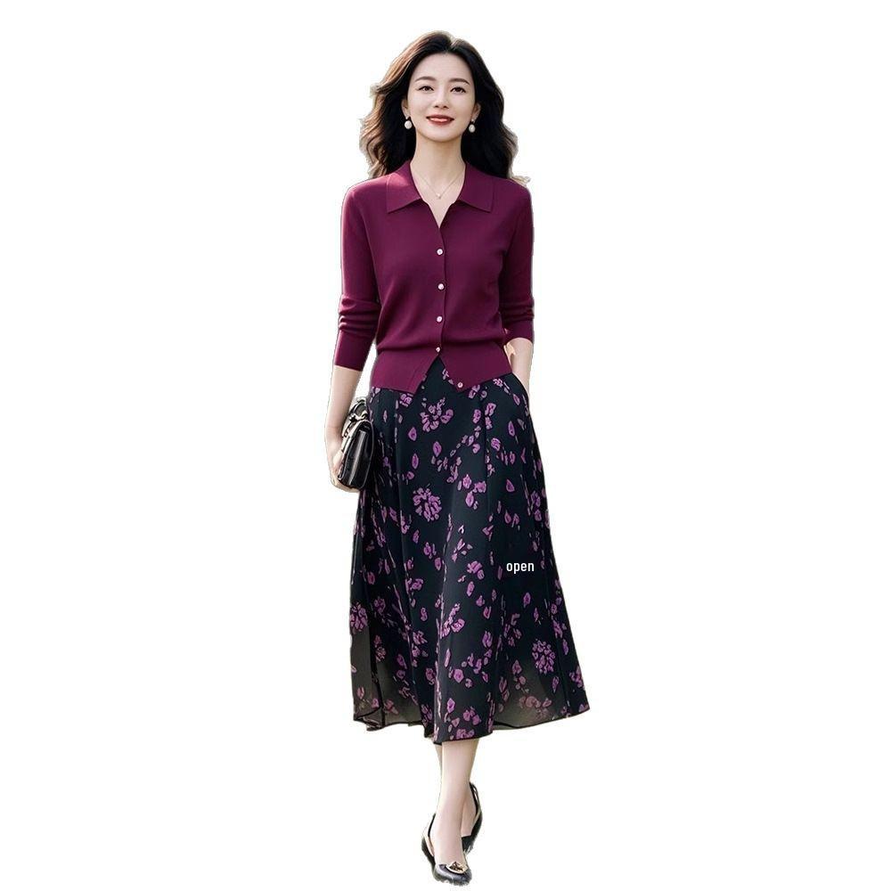 Spring & Autumn Casual Elegant Knit Sweater & Floral Midi Skirt Set for Middle-Aged Women