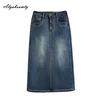 Korean Fashion Autumn Spring Women Plus Size Midi Denim Skirt Elastic Waist Washed Cotton Stretchy Split Skirt Vintage Feminine A-Line Skirt