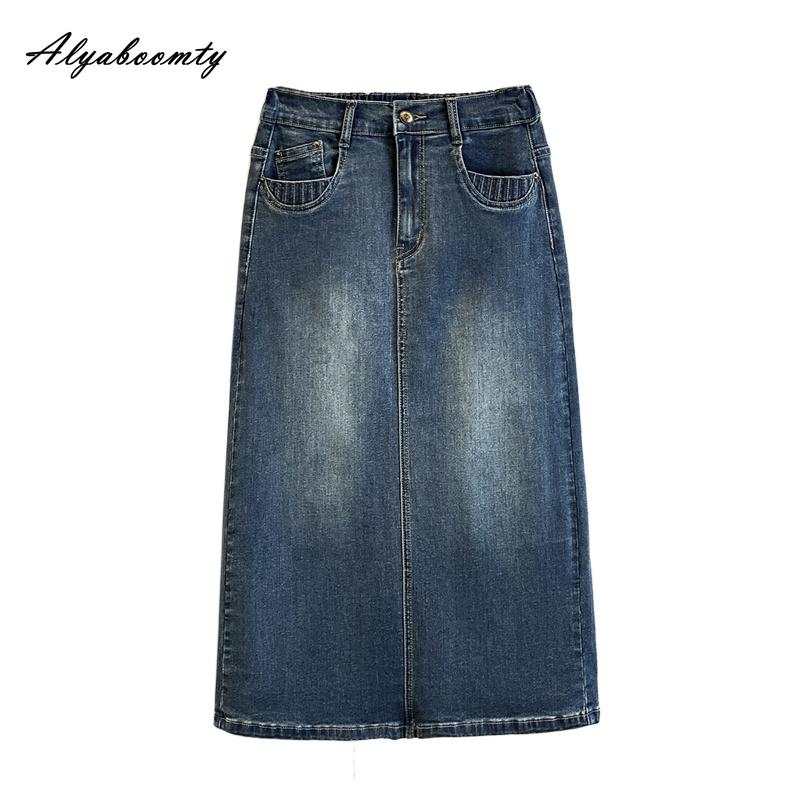 Korean Fashion Autumn Spring Women Plus Size Midi Denim Skirt Elastic Waist Washed Cotton Stretchy Split Skirt Vintage Feminine A-Line Skirt