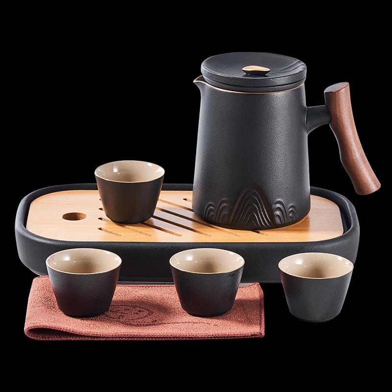 Elegant Black Pottery Tea Set with Tea Tray