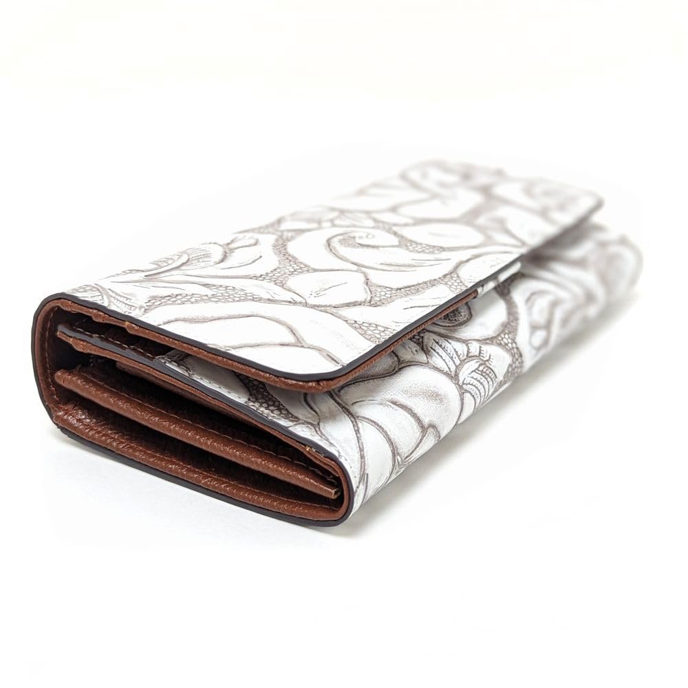 Karukuru Women's Floral Embossed Flap Long Wallet, White (FRS-EN005)