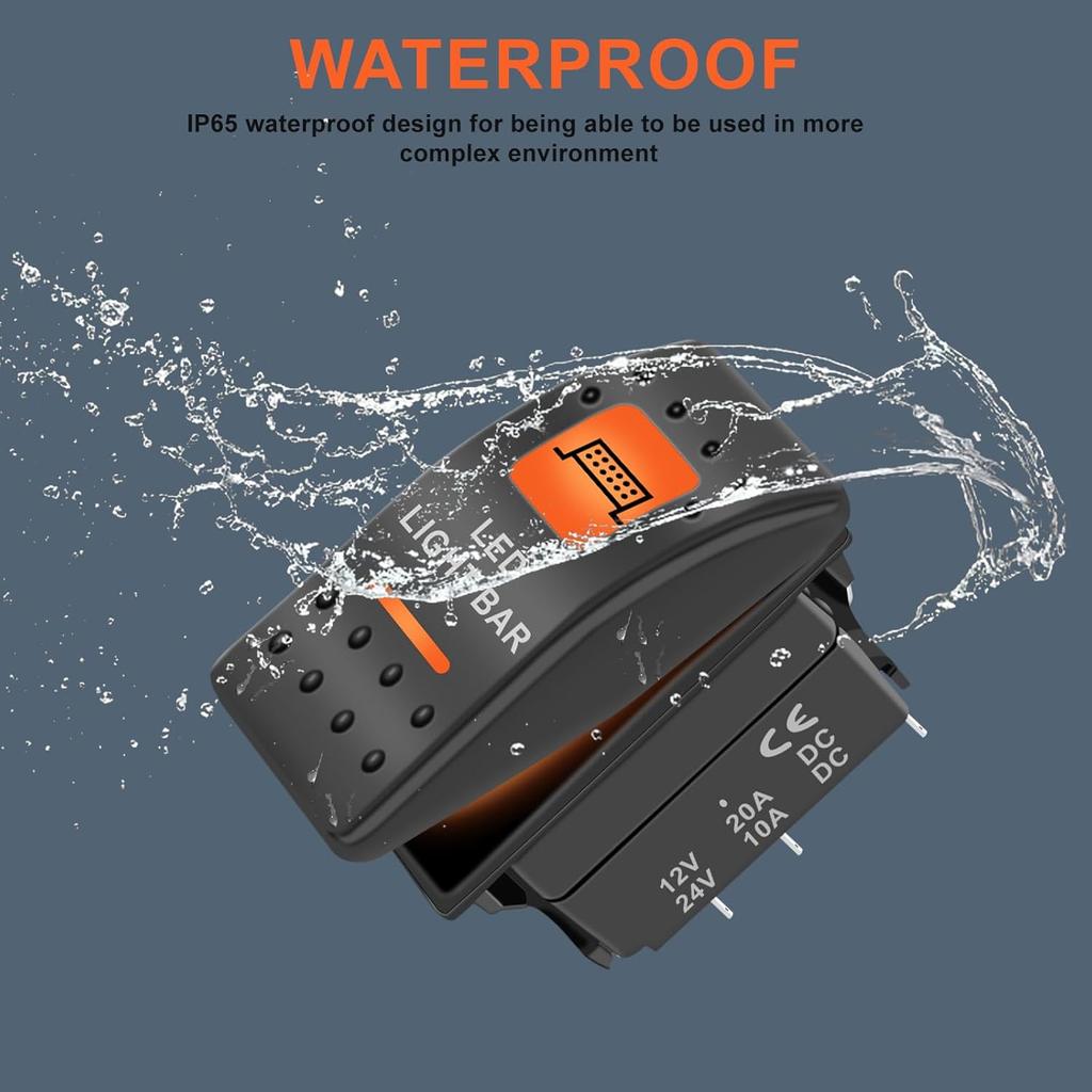 LED Light Bar Waterproof Rocker Switch Toggle On-Off 12V 24V 5Pin SPST Orange Backlit, with Jumper Wires Set Compatible for Polaris RZR Can-Am Car