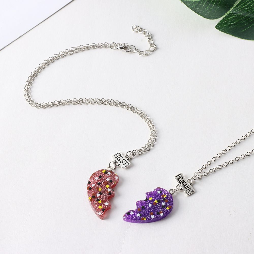 1Pair Sequin Stitching Heart Broken Best Friends Necklaces Pendant Chain BFF Friendship Choker Jewelry Gifts for Women Lovers