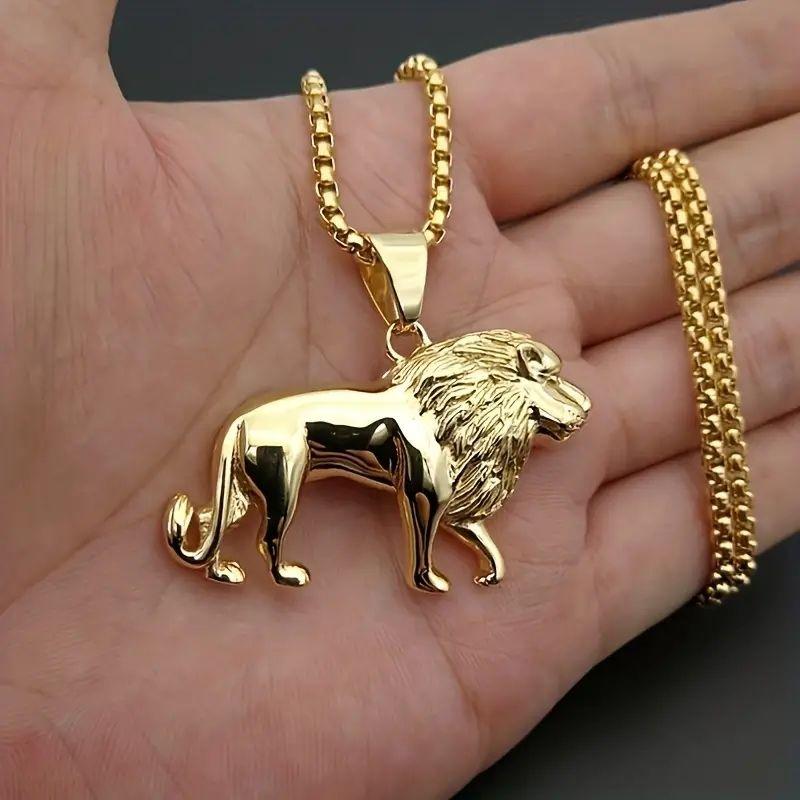 

Lion Head Pendant Necklace, Men s Punk Rock Streetwear Jewelry золотий
