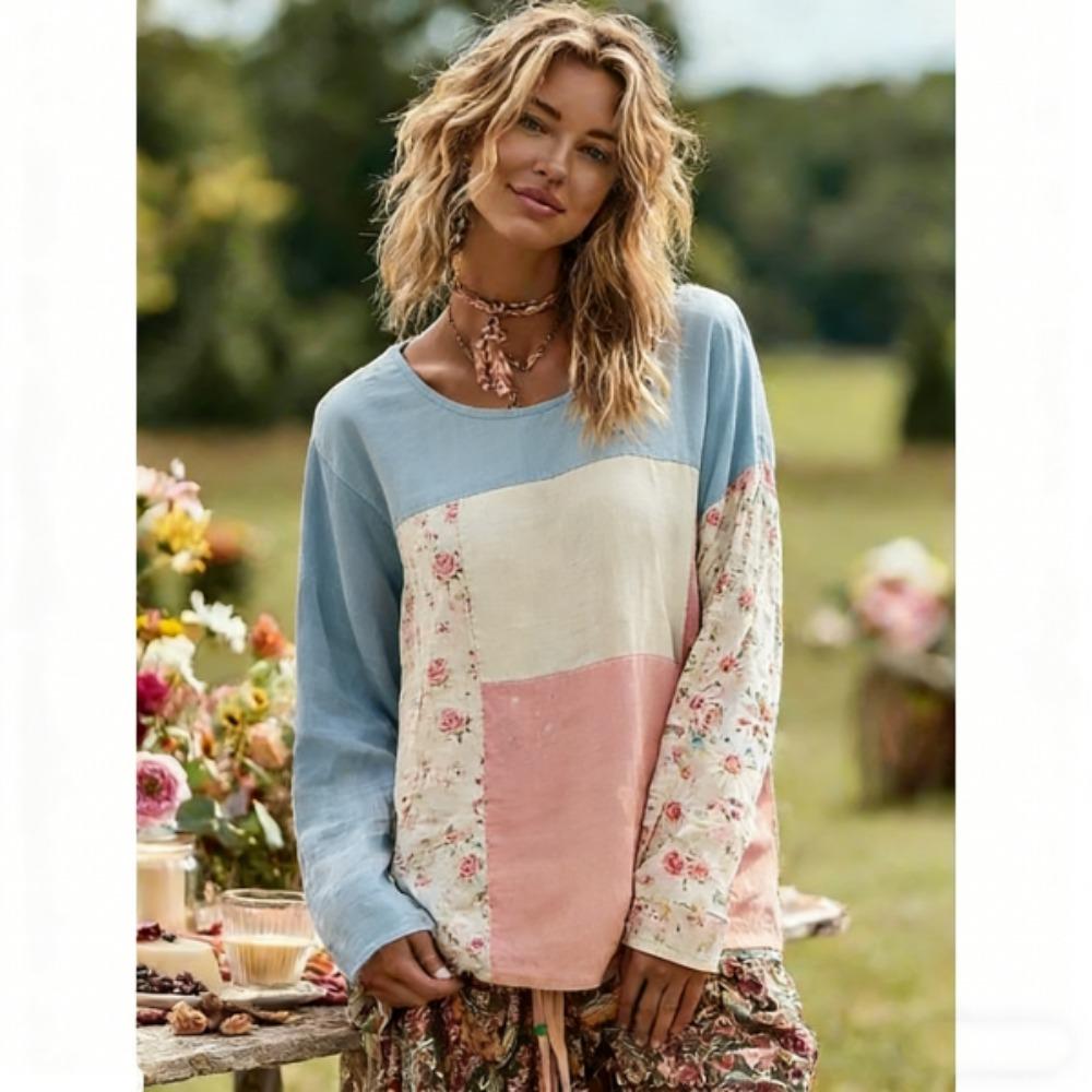 Mode Europe Amérique T-shirt Femme Pull Style Bohème T-shirt Manches Longues Femme Hauts Décontractés d'Extérieur
