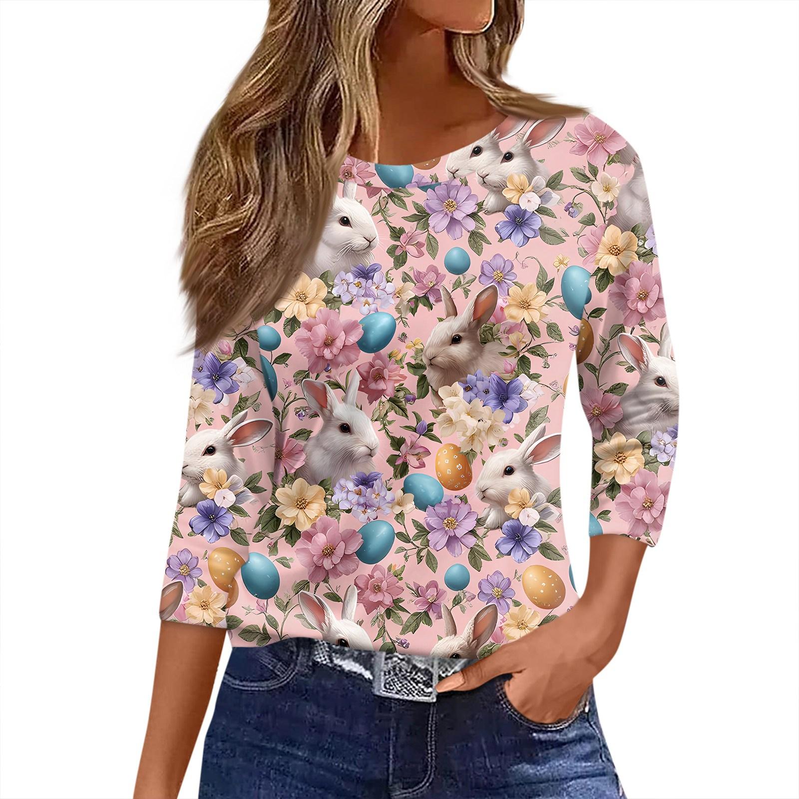 

Жіноча футболка з різдвяним принтом з рукавом 3/4, щоденна мода на вихідні, звичайний топ із круглим вирізом XL рожевий