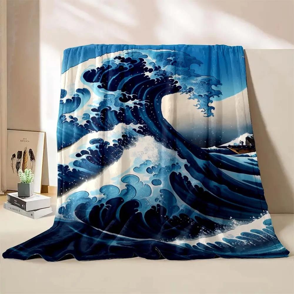 Wave-inspired Ukiyo-e paintings digital-printed polyester velvet flannel cover blanket Fleece soft sofa cover blankets for beds