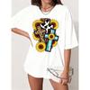 European Size Women's Oversized White -Like T-Shirt - Western Cross & Sunflower Print with Leopard Spot, Blue Tie-Dye & Cow Patterns - for Summer