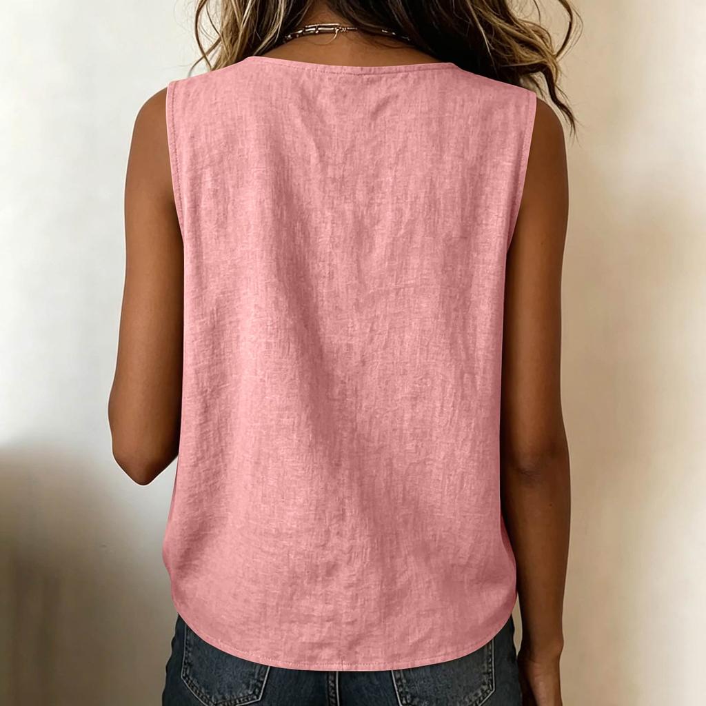 Women's Casual Linen Sleeveless Tank Top, Round Neck Loose Fit Blouse With Side Buttons, Summer Textured Camisole
