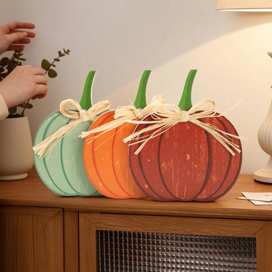 Pastoral Style Room Decor 3Pcs Autumn Pumpkin Ornaments, Rustic Wooden with Hemp Rope Bow Fall Tiered Tray Decorations Table for Farmhouse Seasonal
