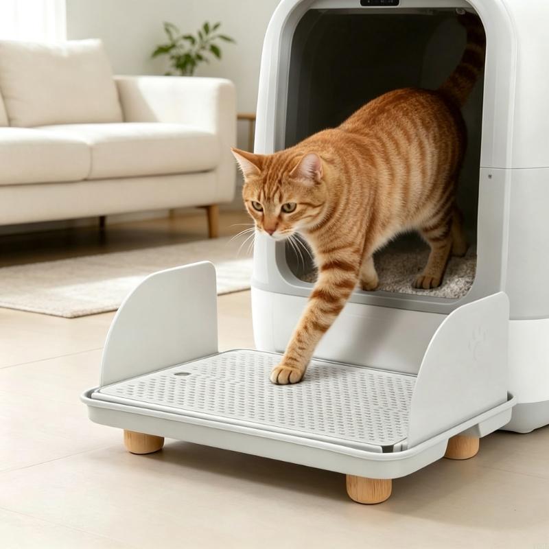 Pet Litter Tray Step with Perforated Top and Entry Platform, Side Guards and Wooden Legs for Kittens Senior Cats Home Daily Y5GB