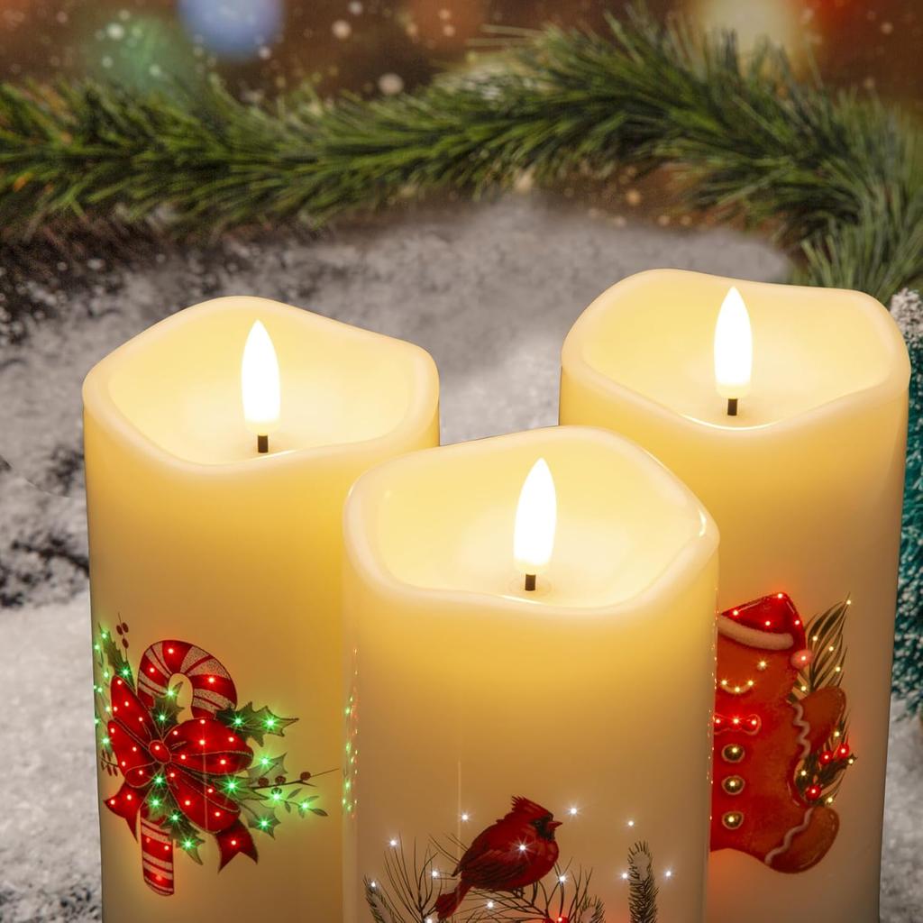 Eywamage Fiber Optic Flameless Candles with Remote, Cardinal Gingerbread Candy Canes Candles Flickering LED Pillar Candles Set of 3